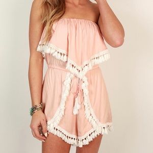 L’Atiste Strapless Tassel Fringe Romper in Peach Pink